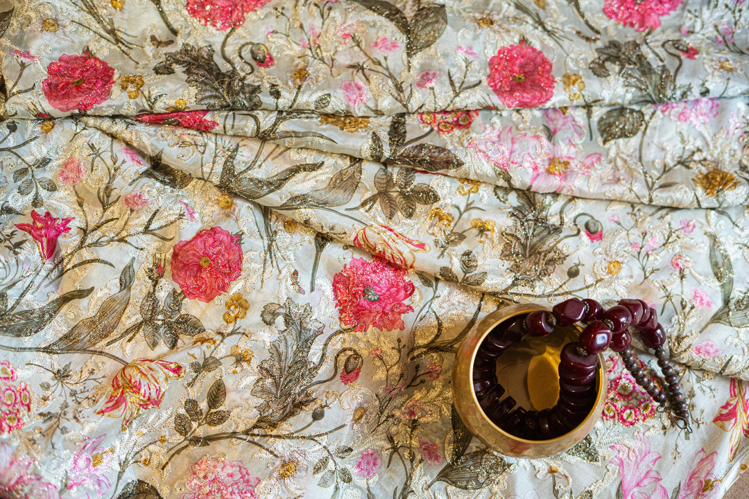 Embroidered jaal on printed chinons
