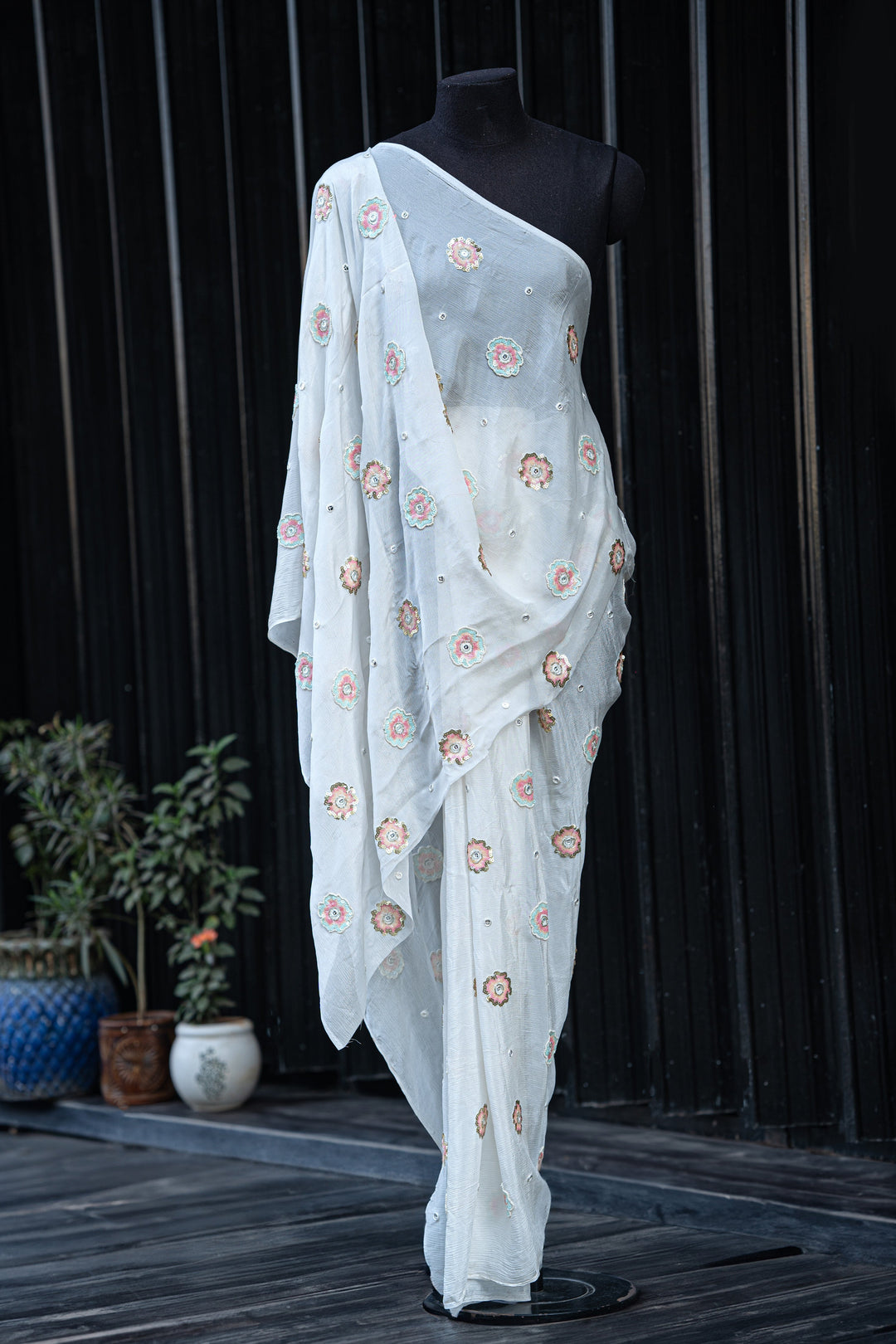 Hand embroidered dyeable georgette
