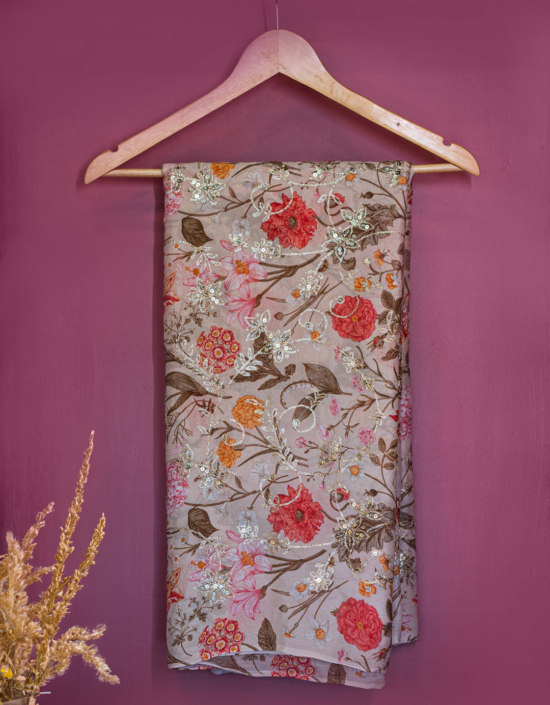 Embroidered jaal on printed chinons