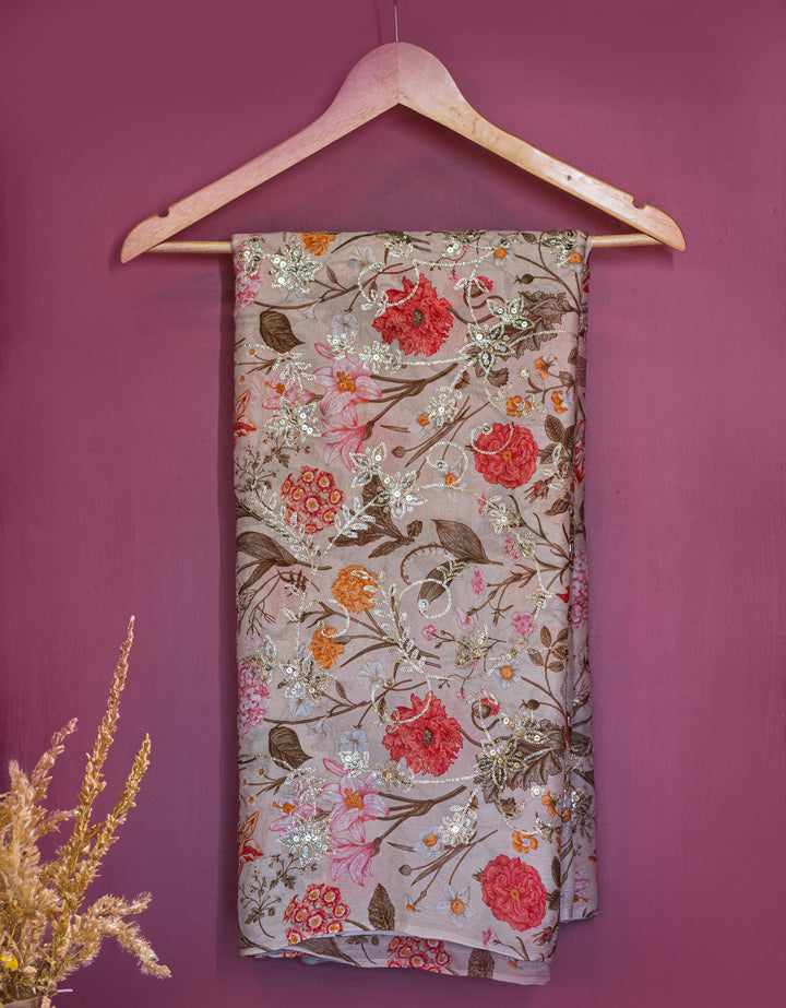 Embroidered jaal on printed chinons