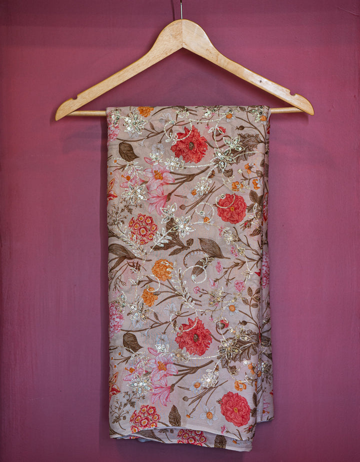 Embroidered jaal on printed chinons