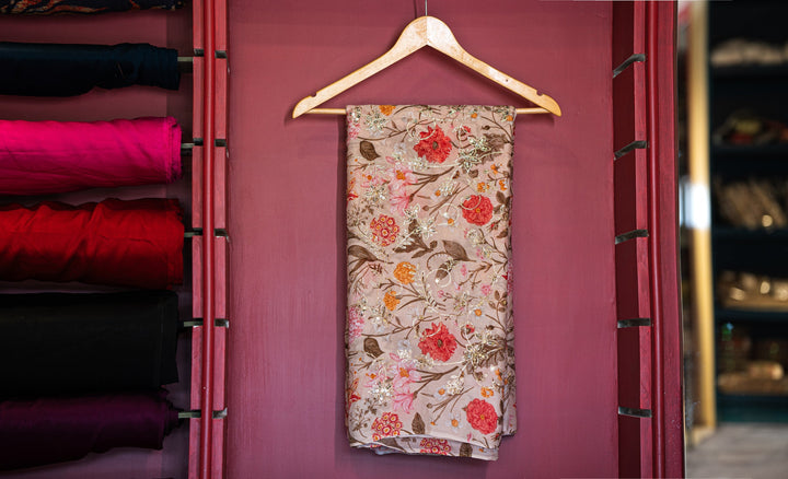 Embroidered jaal on printed chinons