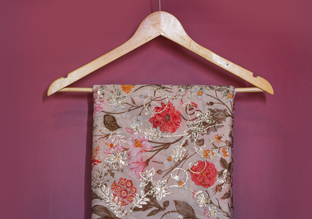 Embroidered jaal on printed chinons