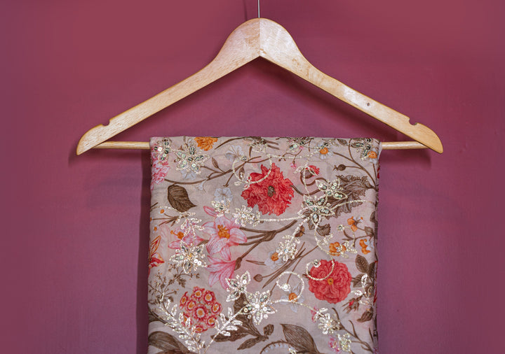 Embroidered jaal on printed chinons