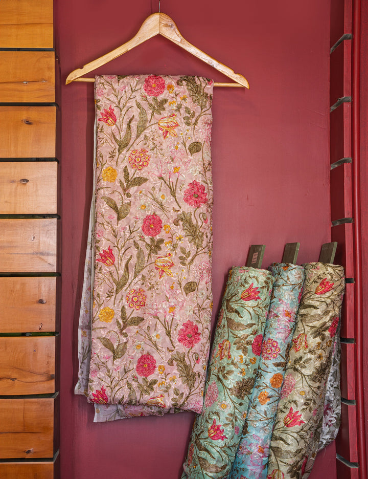Embroidered jaal on printed chinons