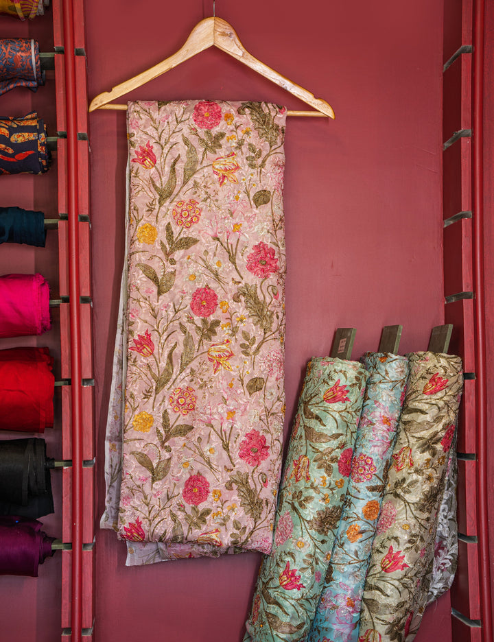 Embroidered jaal on printed chinons