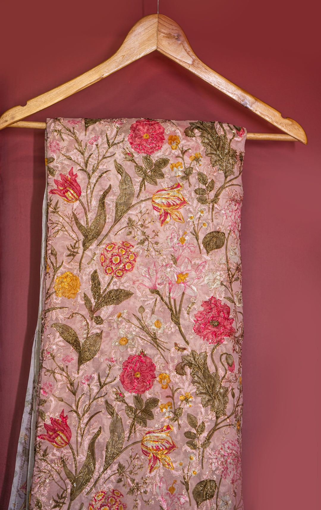 Embroidered jaal on printed chinons