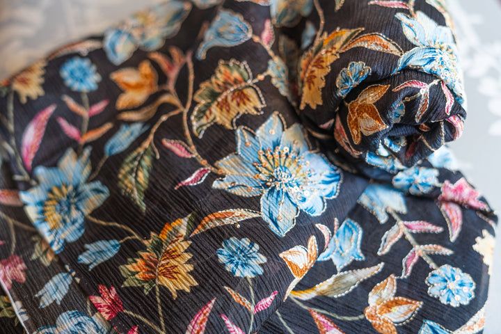 Embroidered printed chinon