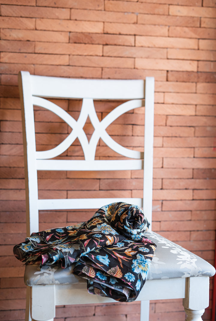 Embroidered printed chinon
